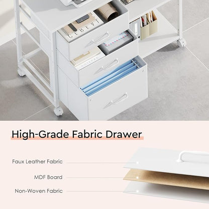 Maihail 3 Drawer File Cabinet with Wheels Rolling Printer Stand with Open Storage Shelf Fabric Lateral Filing Cabinet for Home Office,White