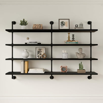 HDDFER Floating Shelves for Wall Bookshelf Industrial Pipe Shelving Shelves 60 Inch Natural Wood Planks Rustic Wall Shelves Hanging Bookshelves Farmhouse Kitchen Shelving Black
