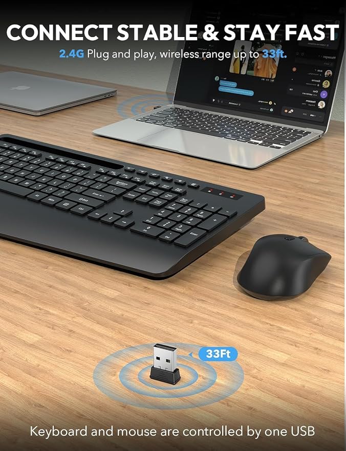 SABLUTE Wireless Keyboard and Mouse, Wrist Rest, Phone Holder, 2.4G Lag-Free Ergonomic Keyboards Mouse Combo, KM23D Silent Keyboard Cordless Set for Computer, Laptop, Windows (2 Pack)