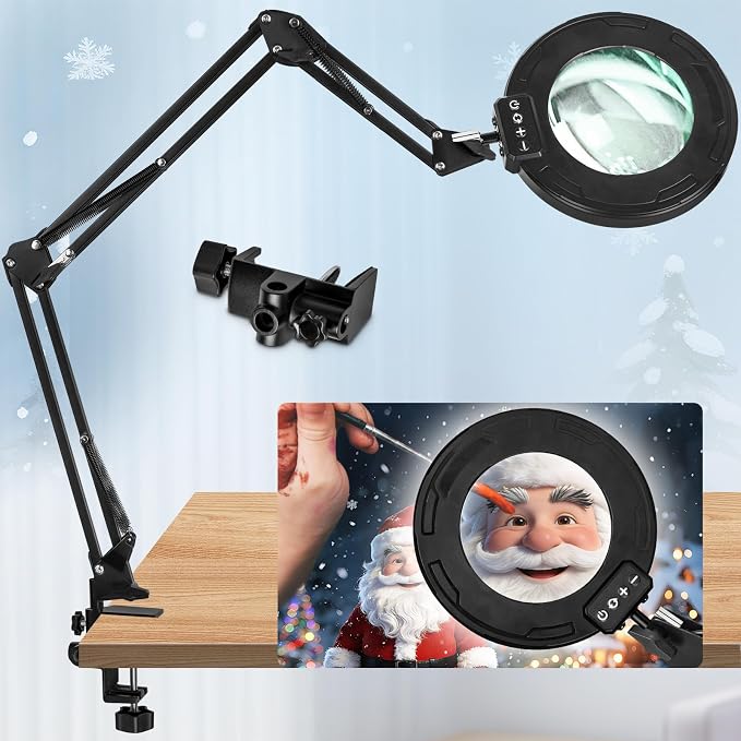 HITTI Ultra Long 12X Magnifying Glass with Light and Clamp, 5 Color Modes Stepless Dimming Desk Lamp, Swivel Arm Workbench Light, Hands Free Lighted Magnifier Stand for Craft Reading Soldering