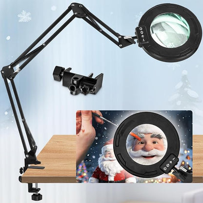 HITTI Ultra Long 12X Magnifying Glass with Light and Clamp, 5 Color Modes Stepless Dimming Desk Lamp, Swivel Arm Workbench Light, Hands Free Lighted Magnifier Stand for Craft Reading Soldering