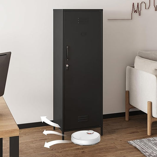Steehoom Metal Locker Cabinet with Lock, Lockable Single Door Storage Cabinet Steel File Locker with 3 Adjustable Shelves for Living Room, School, Garage, Home, Office, Pantry (Black, H59.06'')