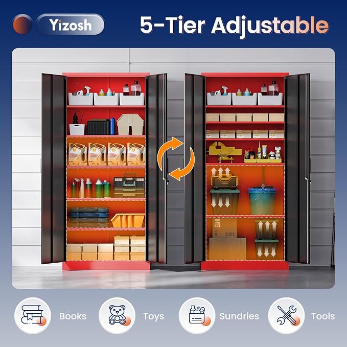 Yizosh Metal Storage Cabinet with Lock Doors and 5 Adjustable Shelves,- 72" Garage Storage Cabinet for Home,Office,Garage,School