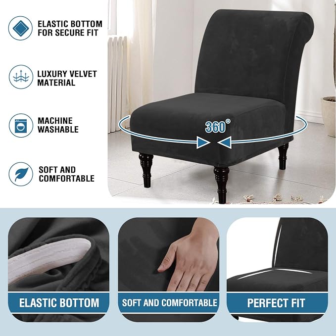 H.VERSAILTEX Armless Accent Chair Covers Thick Velvet Armless Chair Slipcovers High Stretch Chair Covers for Living Room Hotel Machine Washable Furniture Protector with Elastic Bottom, Black