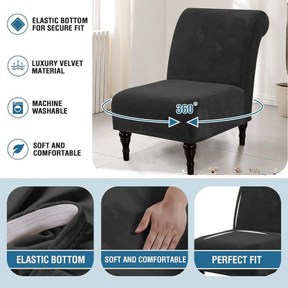 H.VERSAILTEX Armless Accent Chair Covers Thick Velvet Armless Chair Slipcovers High Stretch Chair Covers for Living Room Hotel Machine Washable Furniture Protector with Elastic Bottom, Black