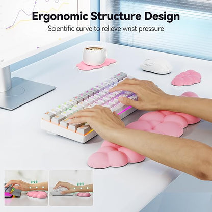 TECKNET Cloud Keyboard Wrist Rest Set, Cloud Wrist Rest with Non-Slip Base, PU Leather Wrist Pad for Keyboard with Ergonomic Memory Foam for Computer Laptop Office Gaming and Pain Relief, Dark Pink