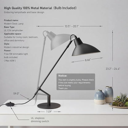Desk Lamp Modern Industrial 100% Metal Adjustable Table Lamp 24", Natural Light (4000K) with Dimmer, Ideal for Office Bedroom Study Room Living Room Nightstand Bedside Lamps Sand Black