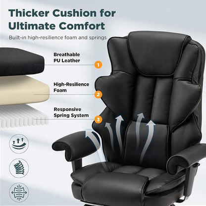 HOMREST Ergonomic Executive Chair with 6-Point Vibration & Heat, Reclining PU Leather Big & Tall Desk Chair, Retractable Footrest & Adjustable Armrest for Home Office Gaming Study, Black