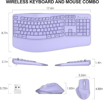 Wireless Keyboard and Mouse Combo, 2.4G Full Size Wave Keys Ergonomic Keyboard with Wrist Rest and 3-Level DPI Adjustable Wireless Ergonomic Mouse for Windows, Mac OS Desktop/Laptop/PC(Purple)