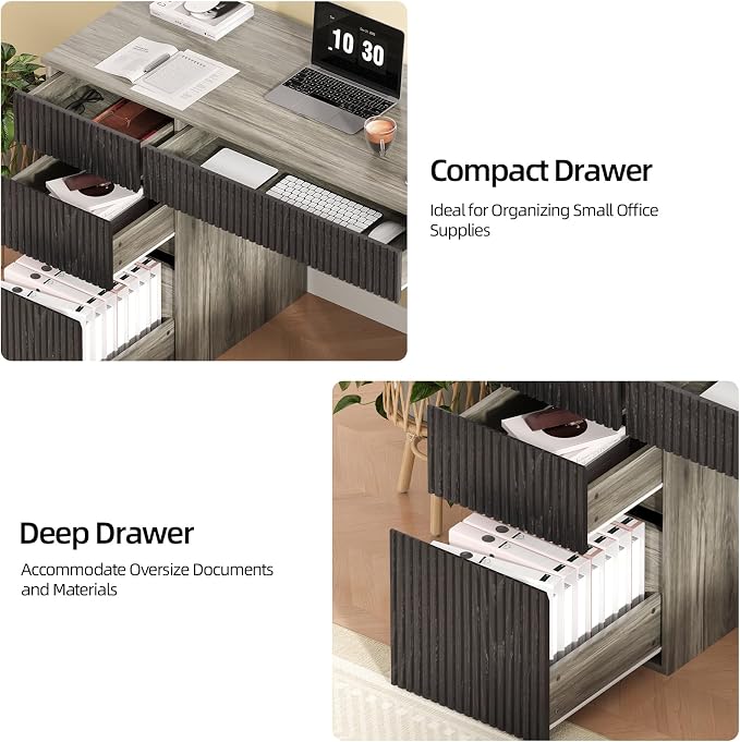 4 EVER WINNER Computer Desk with Drawers, 48 Inch Fluted Small Desk with Storage, Wood Home Office Desk for Study, Living Room, Bedroom, Grey