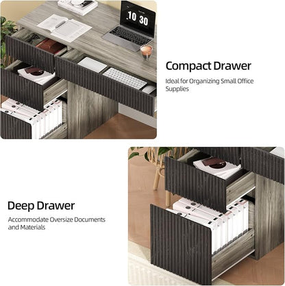 4 EVER WINNER Computer Desk with Drawers, 48 Inch Fluted Small Desk with Storage, Wood Home Office Desk for Study, Living Room, Bedroom, Grey