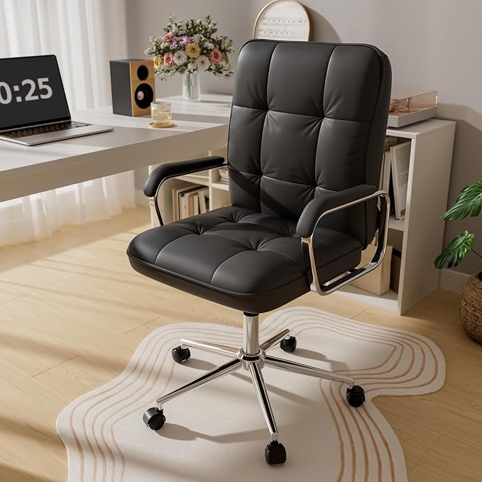 HomeZeer Black Office Chair, Mid Back Leather Desk Chair with Wheels and Padded Arms, Swivel Vanity Chair for Bedroom, Computer Chair for Study and Work