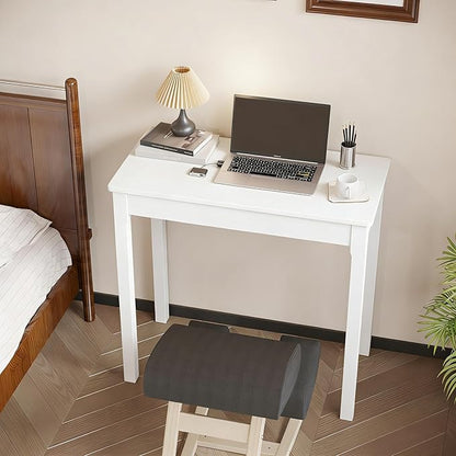 Solid Wooden Desk with Drawers - 32 x 16 Inch Narrow Desks for Small Spaces, Rubberwood Simple Study Table, Small Writing Desk for Bedroom - Modern White Desks