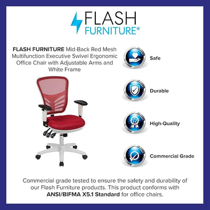 Flash Furniture Nicholas Mid-Back Red Mesh Multifunction Executive Swivel Ergonomic Office Chair with Adjustable Arms and White Frame