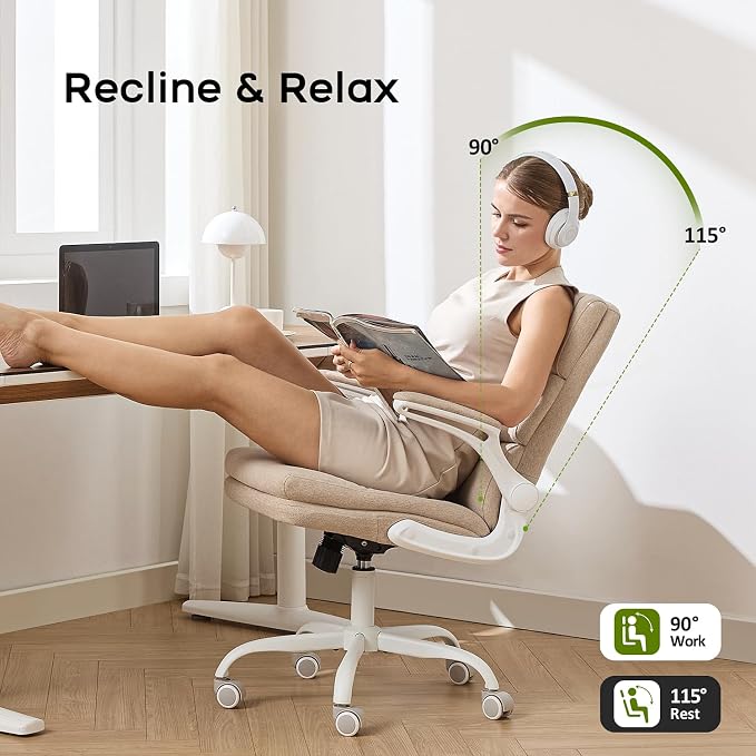 amseatec Office Chair Adjustable Desk Chair Mid Back Executive Comfortable Fabric Ergonomic Back Support Home Computer Chair with Padded Flip-up Armrest Swivel Wheels (Beige)