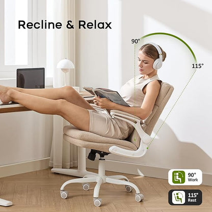 amseatec Office Chair Adjustable Desk Chair Mid Back Executive Comfortable Fabric Ergonomic Back Support Home Computer Chair with Padded Flip-up Armrest Swivel Wheels (Beige)