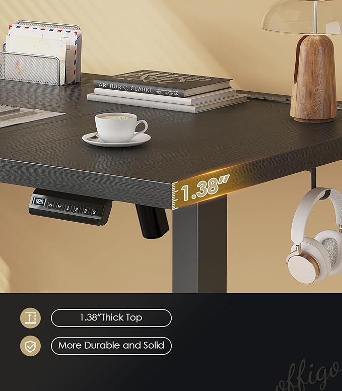 OffiGo 71 Inch Executive Electric Standing Desk, Height Adjustable Desk with Power Outlet & 1.38" Thick 3-Piece Desktop, Sit Stand Computer Desk for Home, Office, Conference Room, Black