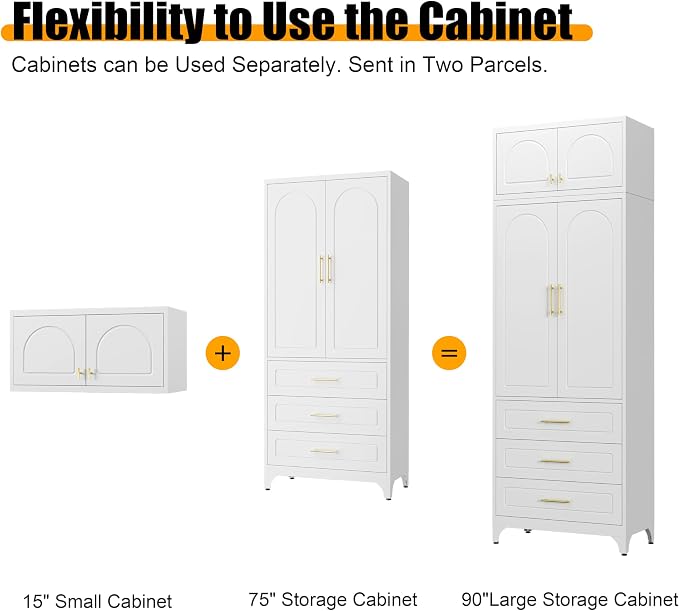 Metal Storage Cabinet with Doors and Shelves, 90" Tall Kitchen Pantry Storage Cabinets with 3 Drawer, White Pantry Closet, Steel Large Cupboard, High Leveling Feet- Assembly Required