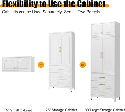 Metal Storage Cabinet with Doors and Shelves, 90" Tall Kitchen Pantry Storage Cabinets with 3 Drawer, White Pantry Closet, Steel Large Cupboard, High Leveling Feet- Assembly Required
