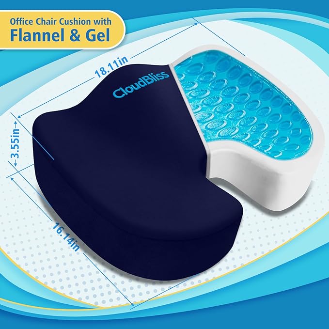 CloudBliss Gel Seat Cushion - Cooling Gel Enhanced, Memory Foam, Ergonomic Seat Cushion for Long Sitting for Office, Game, Car, Airplane (X-Large, Blue)