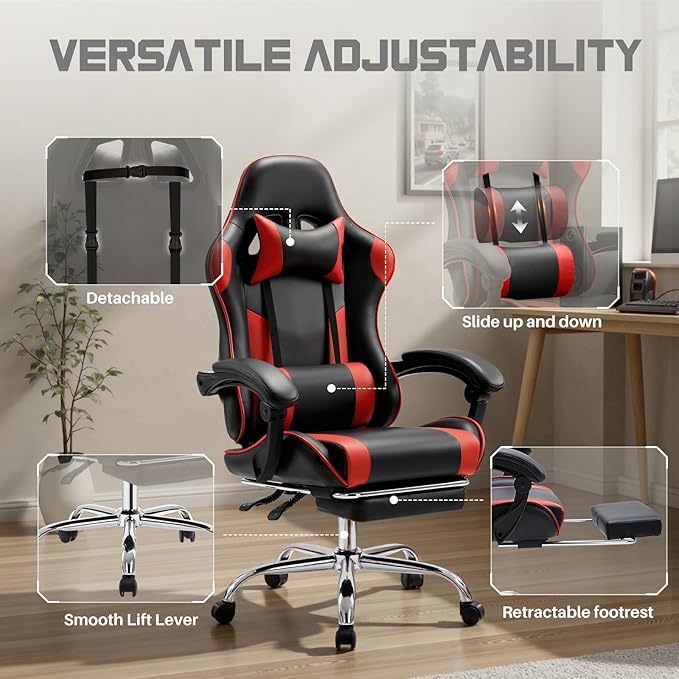 DUMOS Ergonomic Gaming Office Desk Chair with Footrest and Headrest for Adults, PU Leather Video Computer Chair with Linkage Armrests, Height Adjustable 360° Swivel Recling, Black Red