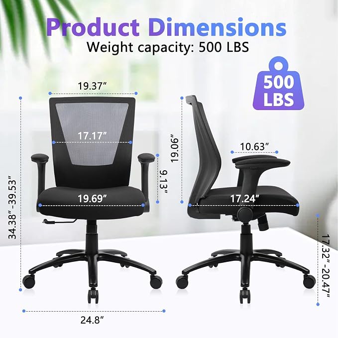 CLATINA Big and Tall Office Chair Heavy Duty Ergonomic Desk Chair 500lbs with Flip-up Arms & Wide Thick Seat Cushion Home Executive Swivel Mesh Chair for Study, Conference, Black, 14 PK
