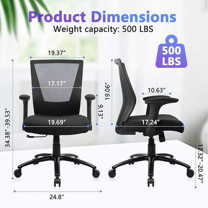 CLATINA Big and Tall Office Chair Heavy Duty Ergonomic Desk Chair 500lbs with Flip-up Arms & Wide Thick Seat Cushion Home Executive Swivel Mesh Chair for Study, Conference, Black, 10 PK