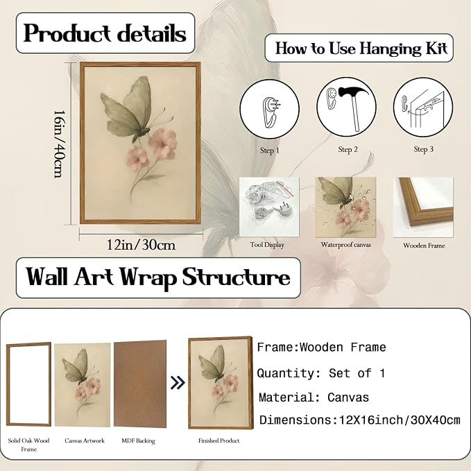 Framed Vintage Wall Art, Butterfly and Pink Floral Pictures Wall Decor, Retro Flower Moth Painting Canvas Prints Cottagecore Home Decor Aesthetic for Living Room Bedroom Bathroom 12x16 inch