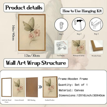 Framed Vintage Wall Art, Butterfly and Pink Floral Pictures Wall Decor, Retro Flower Moth Painting Canvas Prints Cottagecore Home Decor Aesthetic for Living Room Bedroom Bathroom 12x16 inch