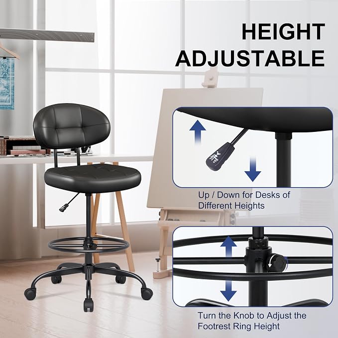 Misolant Drafting Chair Without Arms, Tall Office Chair with Footrest Ring for Standing Desk, Small Faux Leather Executive Office Chair with Adjustable Height for Bar Lab Counter Height Desk, Black