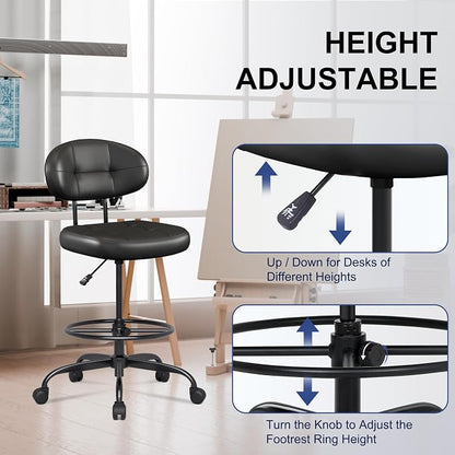 Misolant Drafting Chair Without Arms, Tall Office Chair with Footrest Ring for Standing Desk, Small Faux Leather Executive Office Chair with Adjustable Height for Bar Lab Counter Height Desk, Black