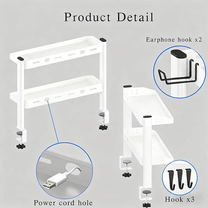 Clamp on Desk Shelf White, 2-Tier Office Desk Shelves Organizer, 17in Small Shelf for Top of Desk with Headphone Holder, Hooks, Desktop Storage Rack for Home Workspace, Study Rooms, Gaming Accessories