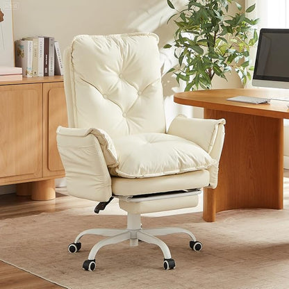 Bestier Cross Legged Office Chair with Footrest, High Back Criss Cross Chair with Reversible Armrests and Wheels, Big and Tall Reclining Office Chair for Home PU Leather Beige
