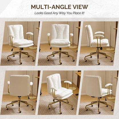 VINGLI Home Office Desk Chair Comfy with Wheels & Removable Armrests,Gold Base Vanity Chair with Back, Adjustable Rolling Swivel Computer Task Chair for Study,Makeup,Office,Bedroom,PU Leather,White