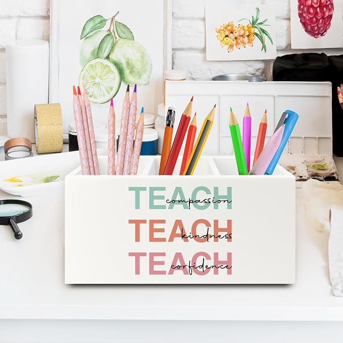 Teacher Pen Pencil Holder Organizer for Desk, Teacher Appreciation Gifts, Teach Compassion Kindness Confidence Wooden Box Sign for Classroom Office Workplace Desk Tabletop Decorations