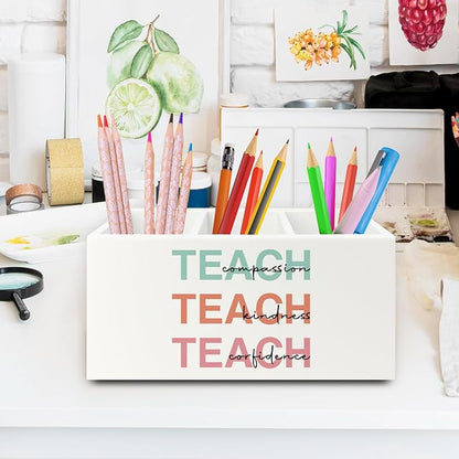 Teacher Pen Pencil Holder Organizer for Desk, Teacher Appreciation Gifts, Teach Compassion Kindness Confidence Wooden Box Sign for Classroom Office Workplace Desk Tabletop Decorations