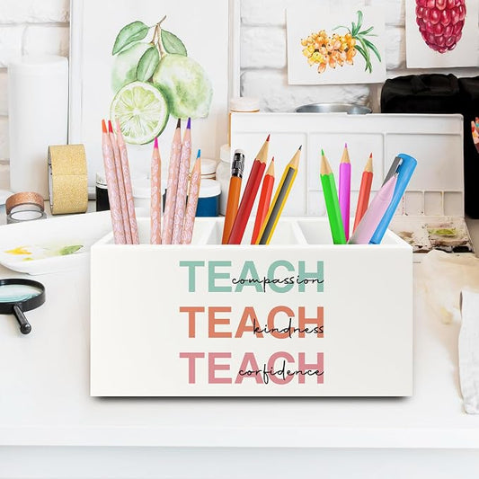 Teacher Pen Pencil Holder Organizer for Desk, Teacher Appreciation Gifts, Teach Compassion Kindness Confidence Wooden Box Sign for Classroom Office Workplace Desk Tabletop Decorations