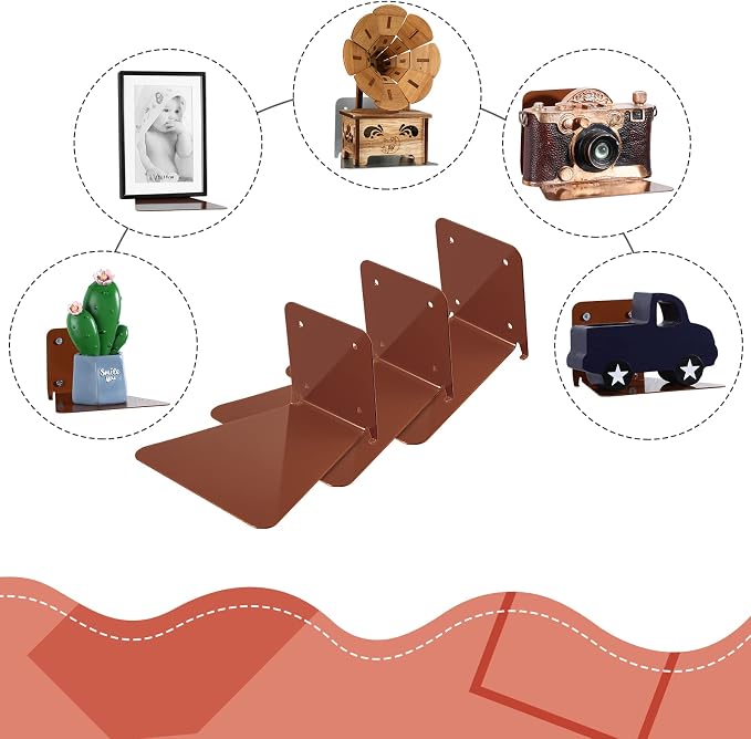 Jetec 6 Pack Invisible Floating Bookshelf Wall Mounted Floating Bookshelves Heavy Duty Book Organizers Hidden Book Shelf Metal Shelves Holder for Books Bedroom Living Room Home Office (Brown)
