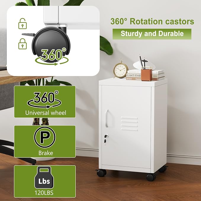pozdeg 24.4" H Metal Storage Locker with Wheels, Single Door Lockable Steel File Cabinet with Adjustable Shelf, Anti-Theft Locker for Home, Office, School, Gym Organizer, White