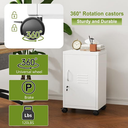pozdeg 24.4" H Metal Storage Locker with Wheels, Single Door Lockable Steel File Cabinet with Adjustable Shelf, Anti-Theft Locker for Home, Office, School, Gym Organizer, White