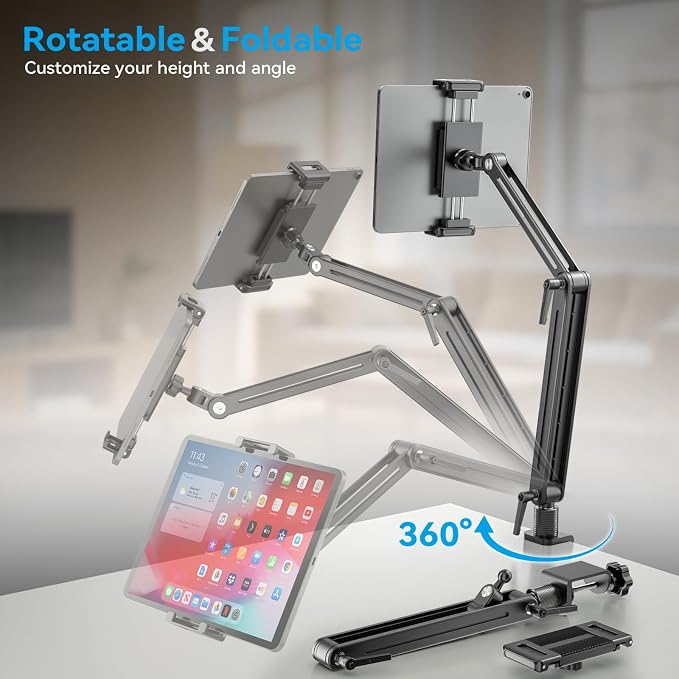 Jakeko Adjustable Portable Monitor Stand 15.6" - 360° Rotating Base Tall Tablet Desk Arm Holder Stand for iPad Air/Pro/Mini Swivel Flexible Clamp Mount Soporte para Tablet/Monitor Portatil/Ereader