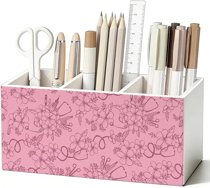 Pink Floral Nurse Pen Pencil Holder for Desk, Nurse Appreciation Gifts, Nursing Week Gifts for Women, Nursing Wooden Box Sign Decorations for Home Office Workplace Desk Tabletop