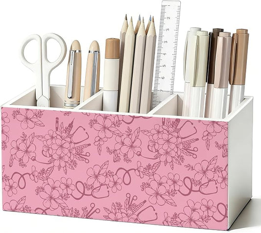 Pink Floral Nurse Pen Pencil Holder for Desk, Nurse Appreciation Gifts, Nursing Week Gifts for Women, Nursing Wooden Box Sign Decorations for Home Office Workplace Desk Tabletop