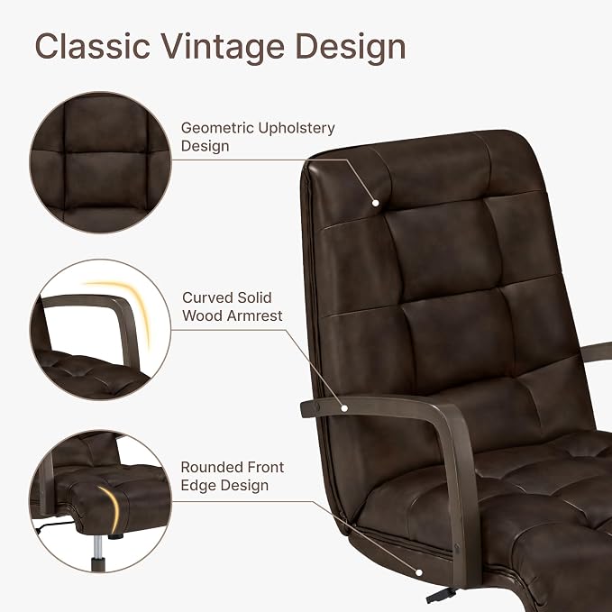 KISLOT Home Office Desk Chair, Ergonomic Office Chair with Square-Patterned Leather Upholstery, Adjustable Swivel Computer Chair with Wood Arms & Wheels, Soft-Rounded Front Edge, Espresso, Set of 2