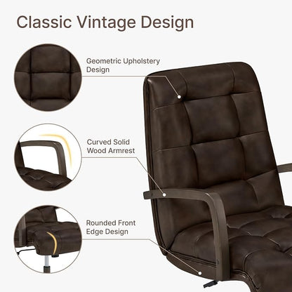KISLOT Home Office Desk Chair, Ergonomic Office Chair with Square-Patterned Leather Upholstery, Adjustable Swivel Computer Chair with Wood Arms & Wheels, Soft-Rounded Front Edge, Espresso, Set of 2