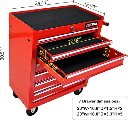 RYH 7 Drawers Rolling Tool Chest & Tool Box on Wheels | Heavy Duty Metal Cart with Ball Bearing Drawers | Fits US General Tool Box for Garage Storage (Red, 7 Drawers（29.6" H × 24.4" W × 13" D)