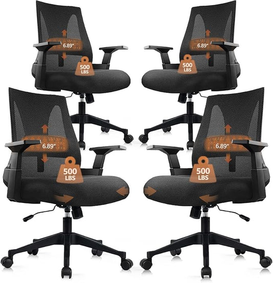 CLATINA 500lbs Big and Tall Office Chair Heavy Duty Mesh Ergonomic Computer Chairs with Adjustable Lumbar Support and Wide Comfy Seat for Home Office Conference Heavy People, Black, 4 Pack