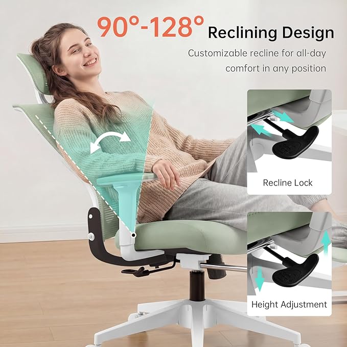 Foldable Office Chair with Foot Rest, Ergonomic Office Chair with Adjustable Lumbar Support, Headrest, Armrest, Home Office Desk Chair for Space Saving, Work from Home, Green