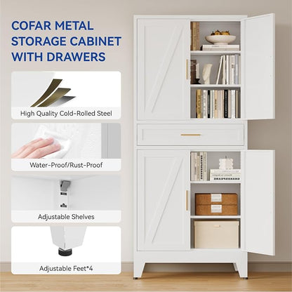 COFaR 71'' Tall Metal Pantry Cabinet with Drawer, Kitchen Storage Cabinet with 4 Doors and Shelves, Freestanding Farmhouse Food Cupboard for Kitchen Dinning Room Garage, White 6-Tier