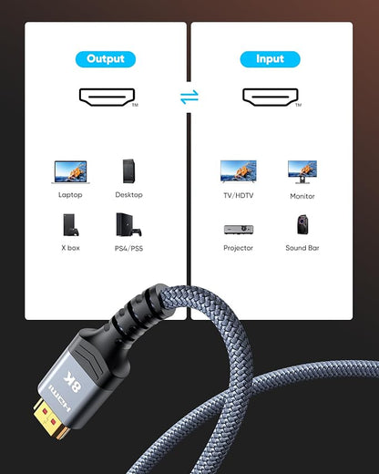 Highwings High Speed 8K 60Hz HDMI Cable 3.3FT/1M, 2.1 48Gbps HDMI Braided Cable-4K@120Hz 7680P,DTS:X,HDCP 2.2 & 2.3, HDR 10,eARC,Dynamic HDR,Compatible for Laptop, Monitor, Roku TV